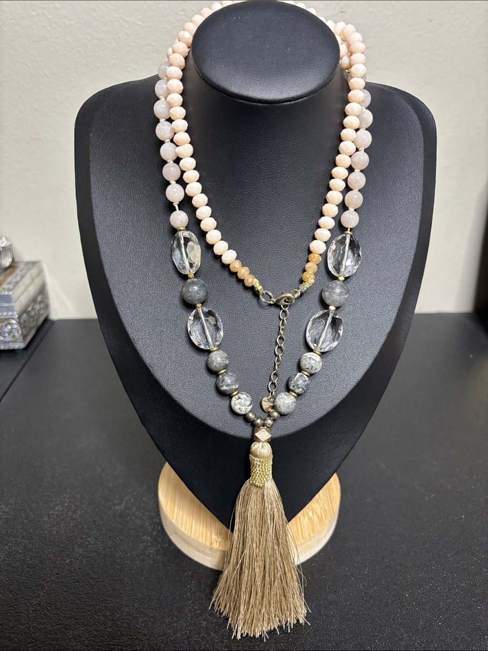 Nakamol Dual-Strand Beige Gray Mixed Media Beaded Necklace Gold Tassel